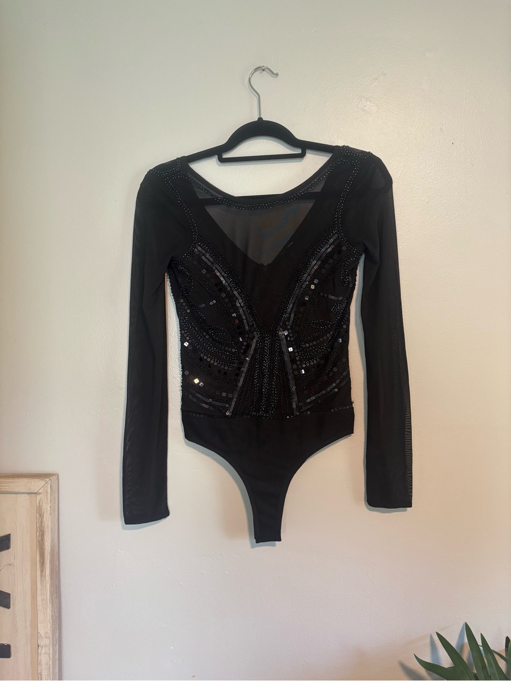 Fashion Nova Black Long-Sleeve Sequin Mesh Bodysuit